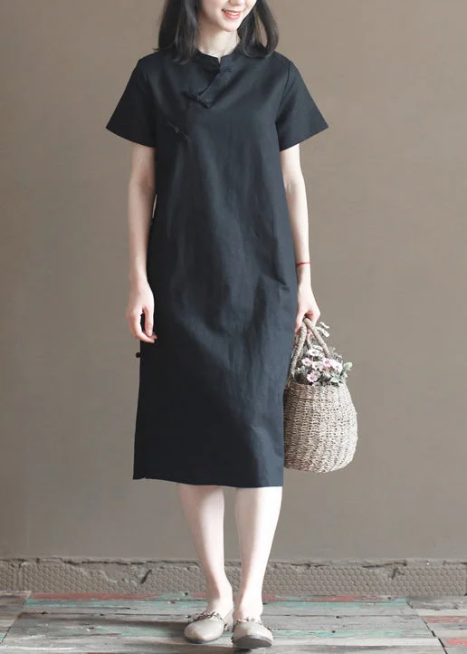 Classy Solid Black Stand Collar Oriental Button Cotton Linen Cheongsam Dresses Short Sleeve Monochromatic Office Style