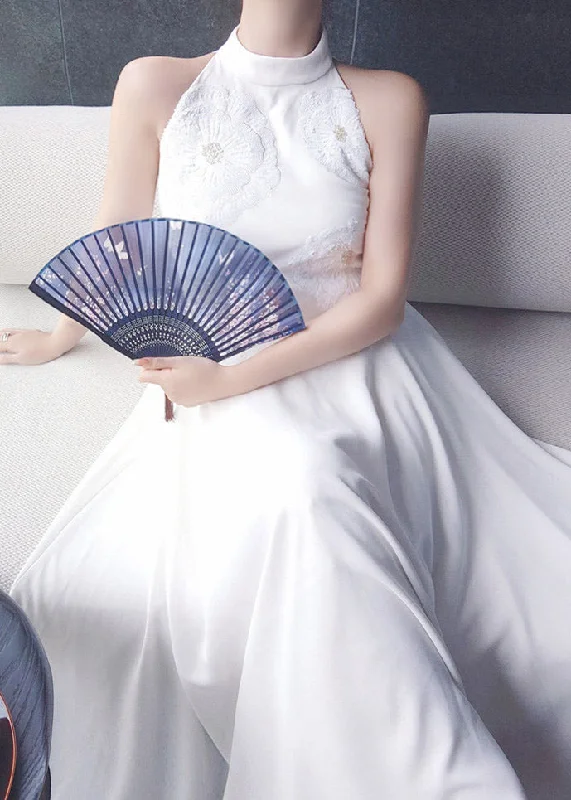 Classy White Turtleneck Embroideried Long Dresses Summer Sleek Women's 
