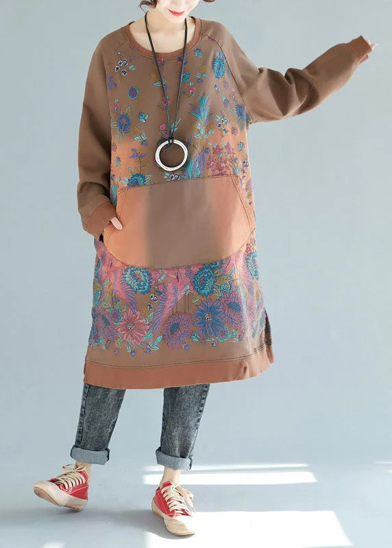 Coffee Patchwork Print Cotton Dresses O Neck Spring Vacation