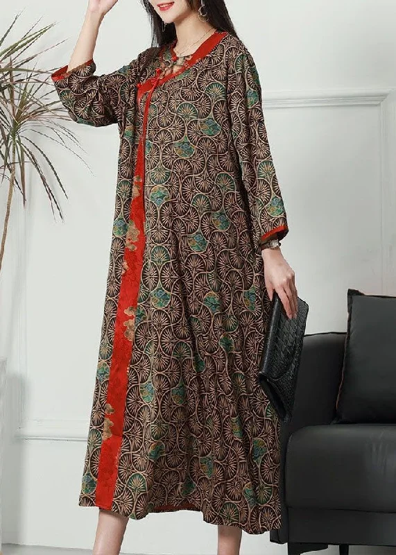 Coffee Patchwork Print Silk Long Dresses O Neck Spring Traditional Women's 