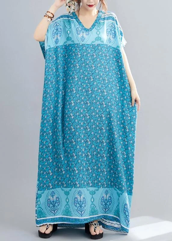 Comfy Blue Print Cotton V Neck Summer Maxi Dresses Monochromatic All - in - one