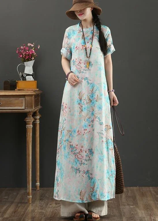 Comfy Blue Print Linen Short Sleeve Summer Vacation Dresses Confident Women's Power Comfy Blue Print Linen Short Sleeve Summer Vacation Dresses Confident Women's Power