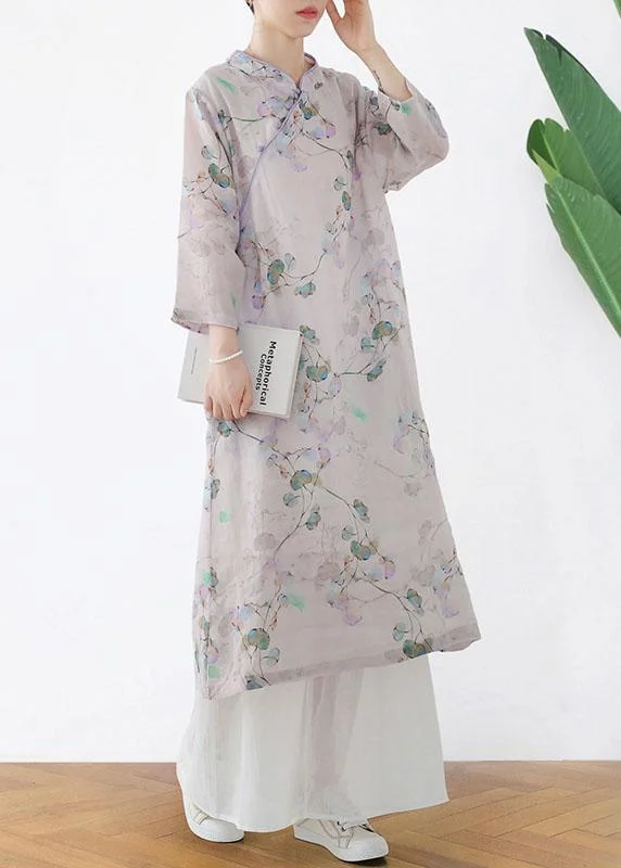 Comfy Light Purple Print Oriental Ramie Maxi Dresses Fall Refined Women's 