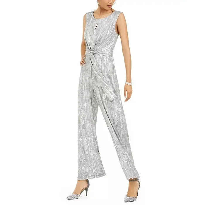 Connected Women's Keyhole Tie-Waist Jumpsuit Silver Size 10