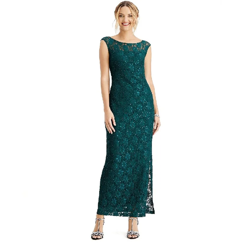 Connected Women's Sequined Lace Slit Gown Green Size 14