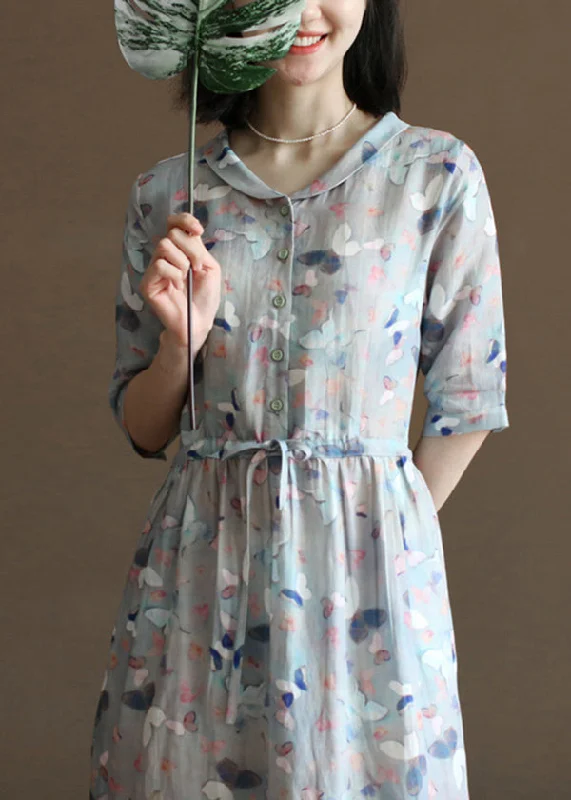 Cute Grey Blue Peter Pan Collar Tie Waist Floral Print Linen Vacation Dresses Half Sleeve Contemporary Cute Grey Blue Peter Pan Collar Tie Waist Floral Print Linen Vacation Dresses Half Sleeve Contemporary