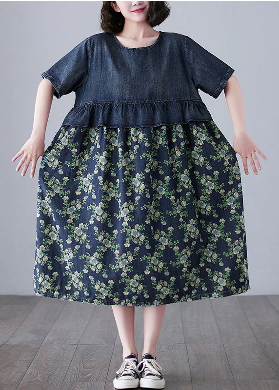 Cute Navy O-Neck Ruffles Print Patchwork Denim Dresses Half Sleeve garde
