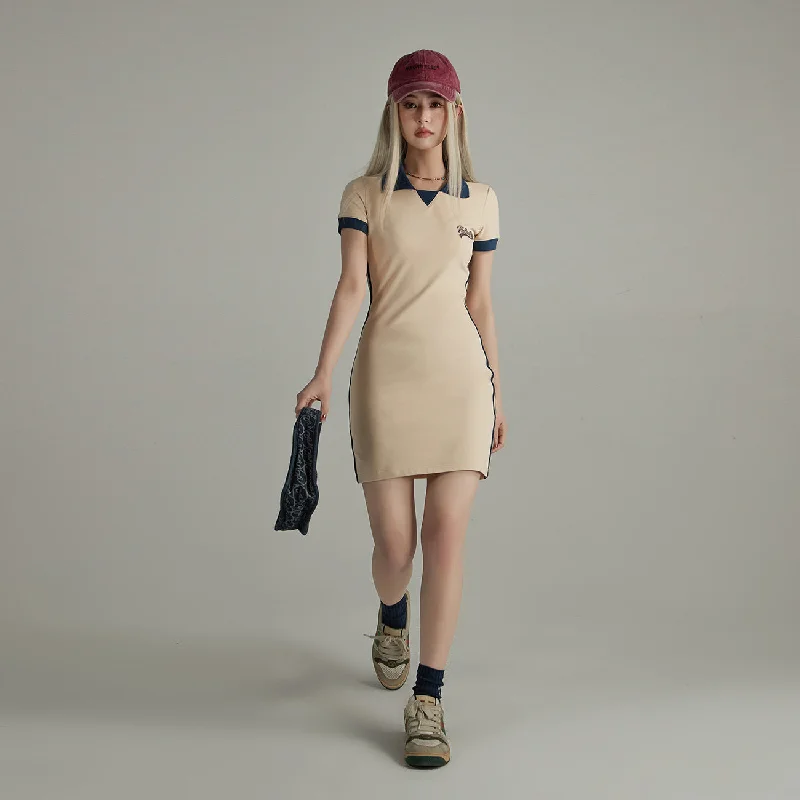 Polo Collar Color Bodycon Mini Dress Edgy Women's Punk