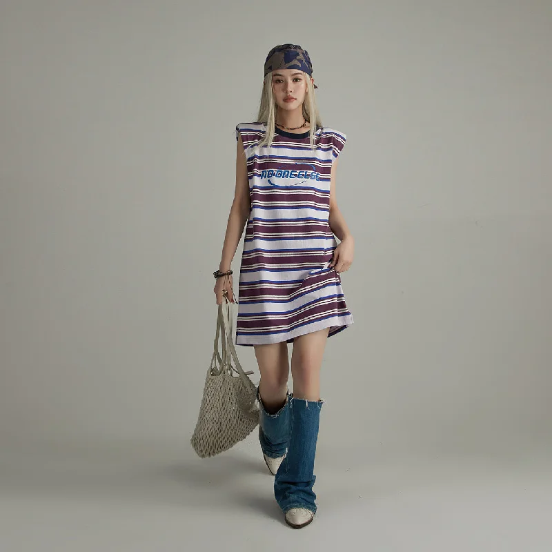 Striped Noe Center Logo Sleeveless T-Shirt Dress Bohemian Women's Free