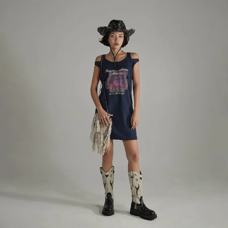 Random Access Memory Off The Shoulder Printed T-Shirt Dress British Gentlewoman Style