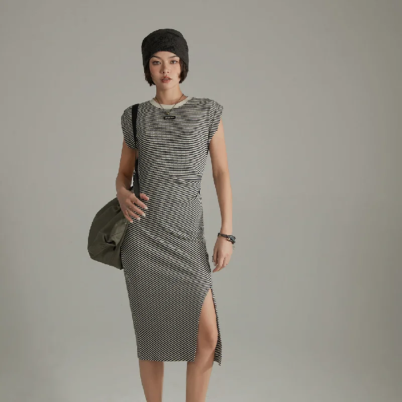 Short Sleeve Slit Stripe Long Dress Business