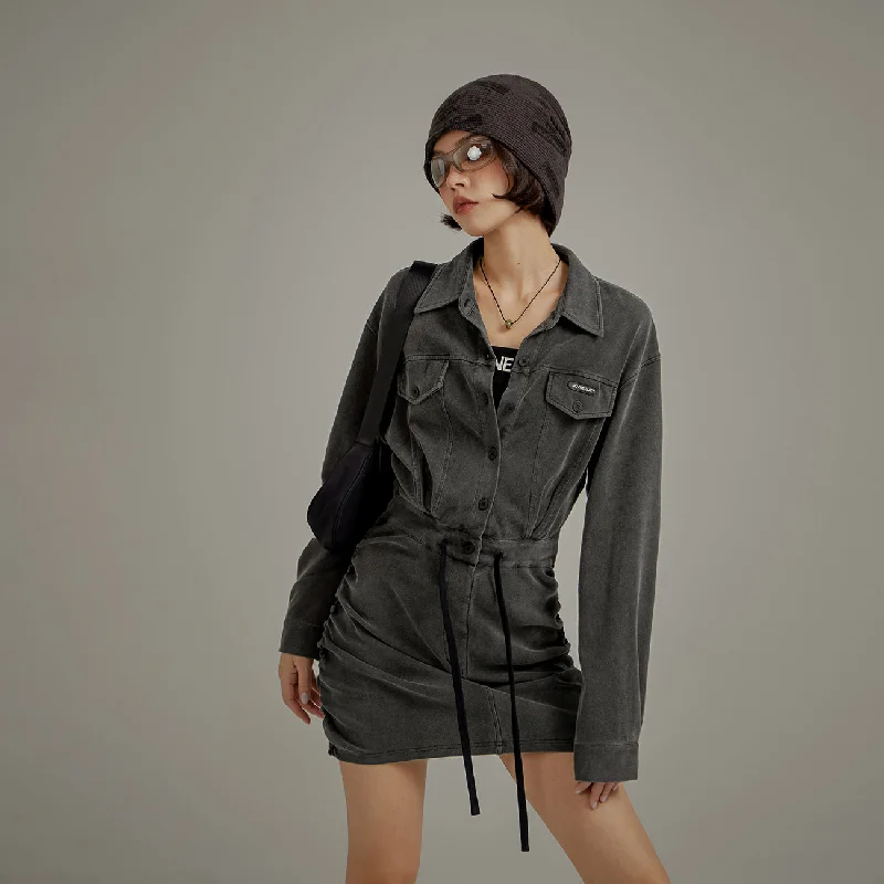 String Shirring Shirt Mini Dress Feminine Women's Soft 