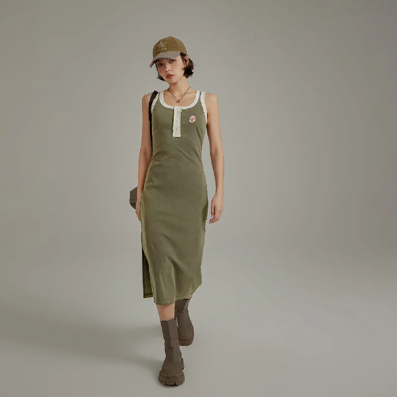 Contrast Color Button Slit Sleeveless Long Dress Cozy Women's Sherpa - lined