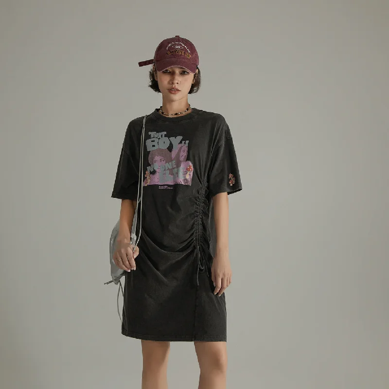 That Boy Printed Shirring Short Sleeve Dress Streetwear Style for 