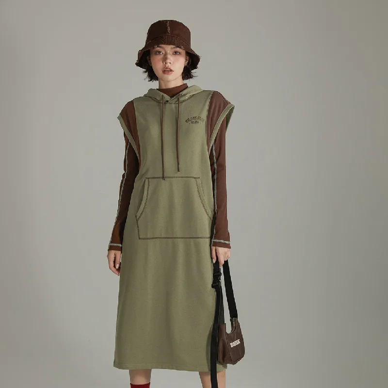 Logo Hooded Sleeveless Long Dress Trendy Women's 