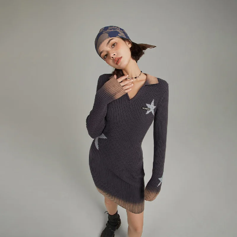 Open Collar Star Knit Dress Sharp Women's Italian