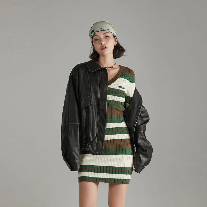 V-Neck Striped Dress Streetwear Style for 