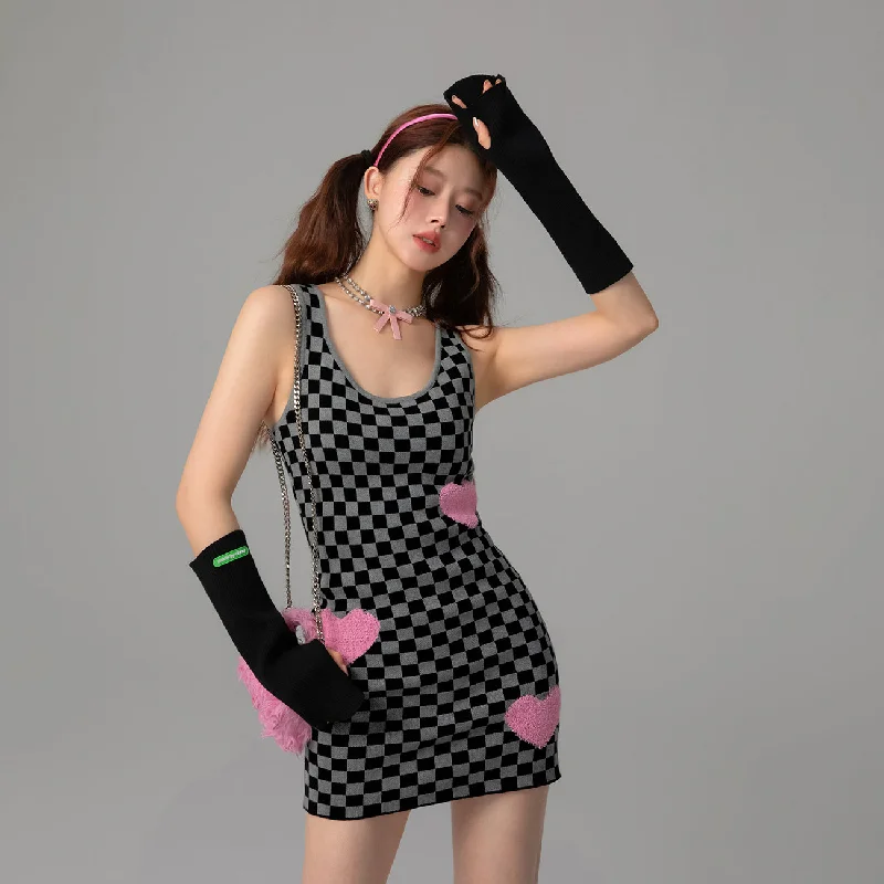 Luv U 2 Checker Print Heart Mini Dress Practical Women's Multi - 