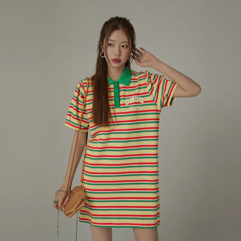 Polo Neck Stripe Dress Trendy Women's 