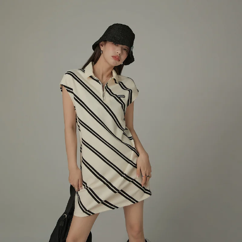 Half Zip Collar Diagonal Line Mini Dress Sophisticated Women's 