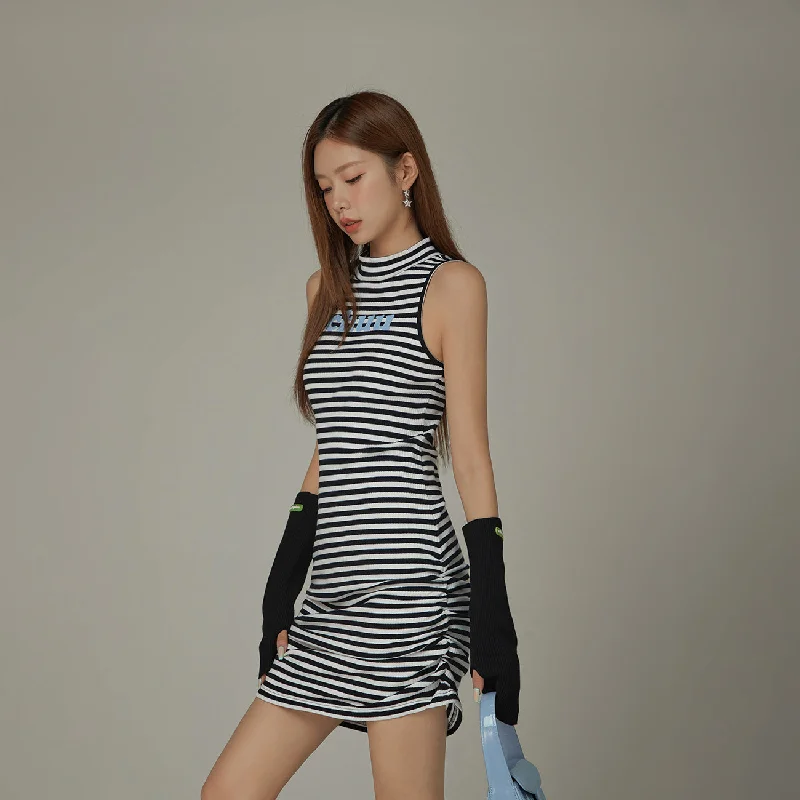 Striped Shirring Sleeveless Dress Bold Women's Animal Print