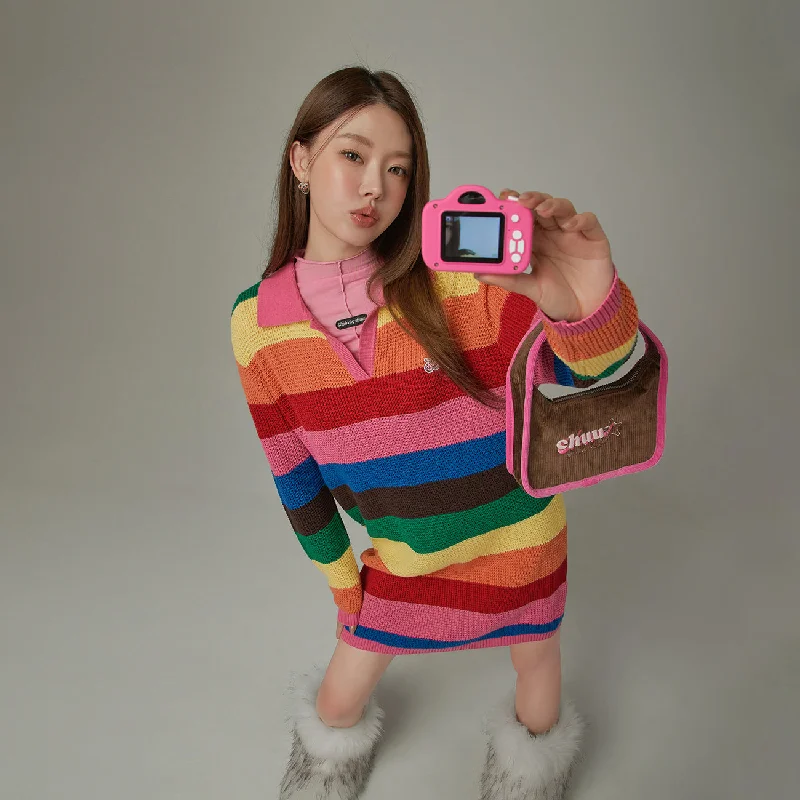 Open Collar Rainbow Knit Dress Luxurious Women's High -  end