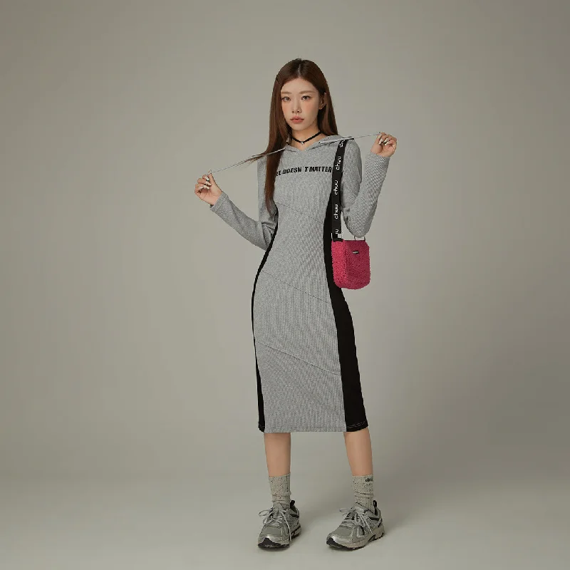 Two Toned Slim Hooded Long Dress British Gentlewoman Style