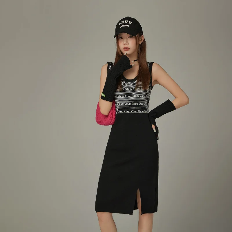 Lettering Color Combination Slit Dress Streetwear Style for 