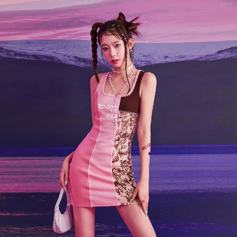 Square Color Combination Sleeveless Mini Dress Women