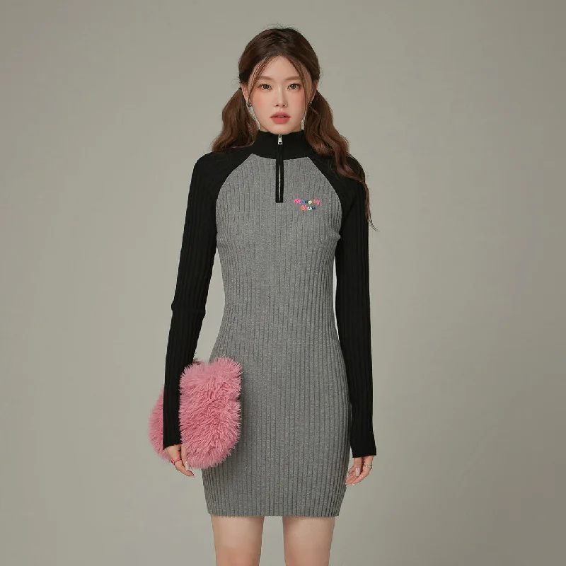 Color Matching Half Zip-Up Dress Contemporary 