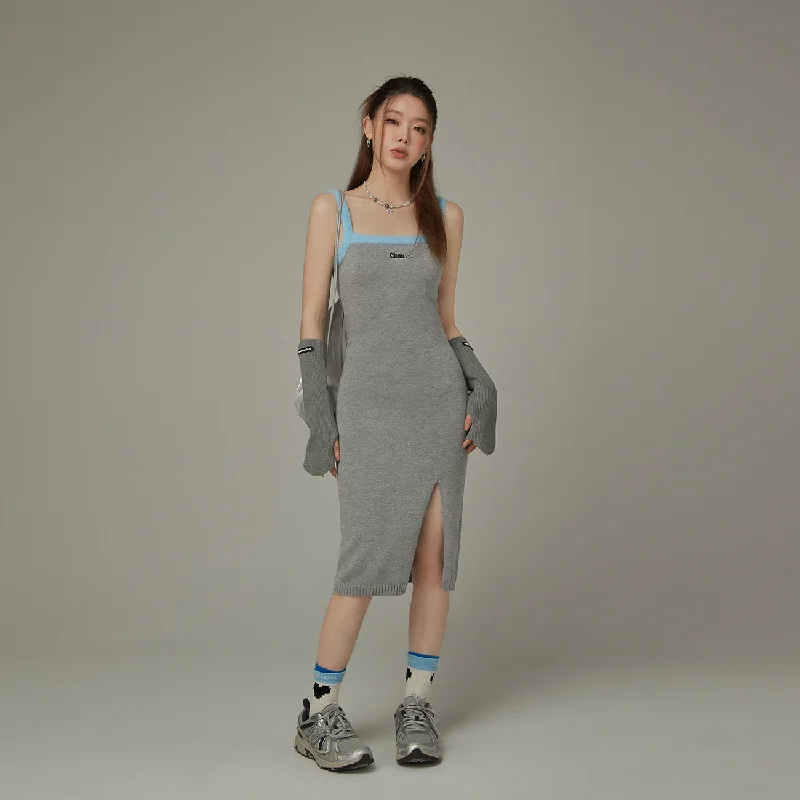 Color Lined Slit Knit Slim Dress Stylish Women's Neon