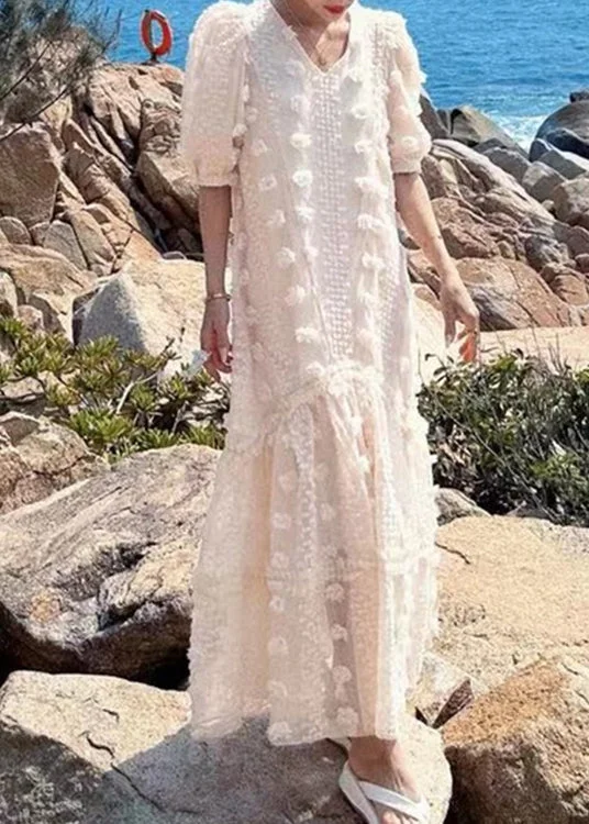 DIY Apricot V Neck Patchwork Floral Long Dresses Summer Cool Women's Skate