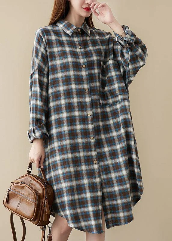 diy Blue Plaid Peter Pan Collar Button Pockets Fall Long sleeve Blouse Dresses Australian Beach diy Blue Plaid Peter Pan Collar Button Pockets Fall Long sleeve Blouse Dresses Australian Beach