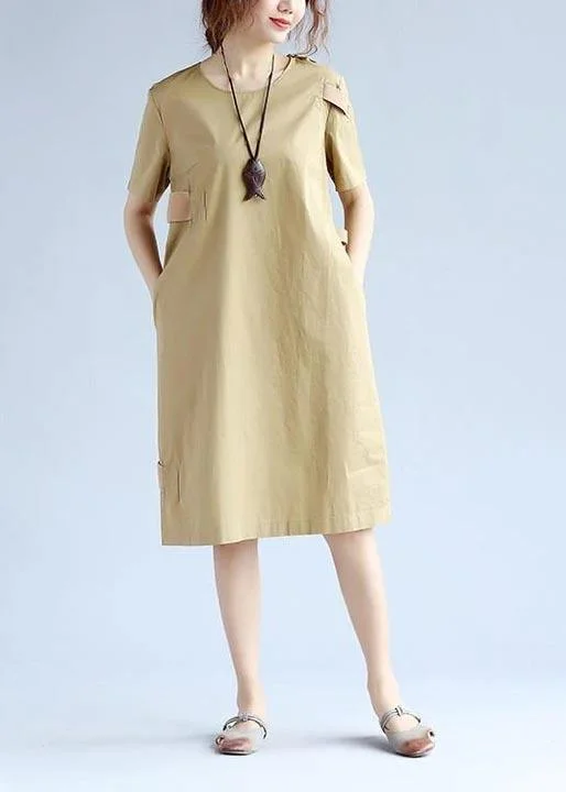 DIY Cotton Summer Dresses Women Splicing Short Sleeves Khaki Dress Modern Women's 