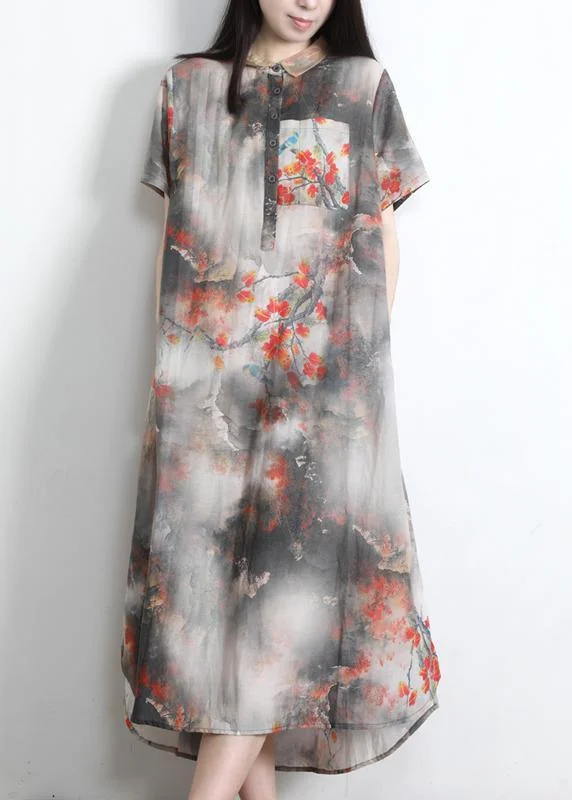 DIY Grey Print Silk Pockets Summer Vacation Dresses Cozy Women's Sherpa - lined