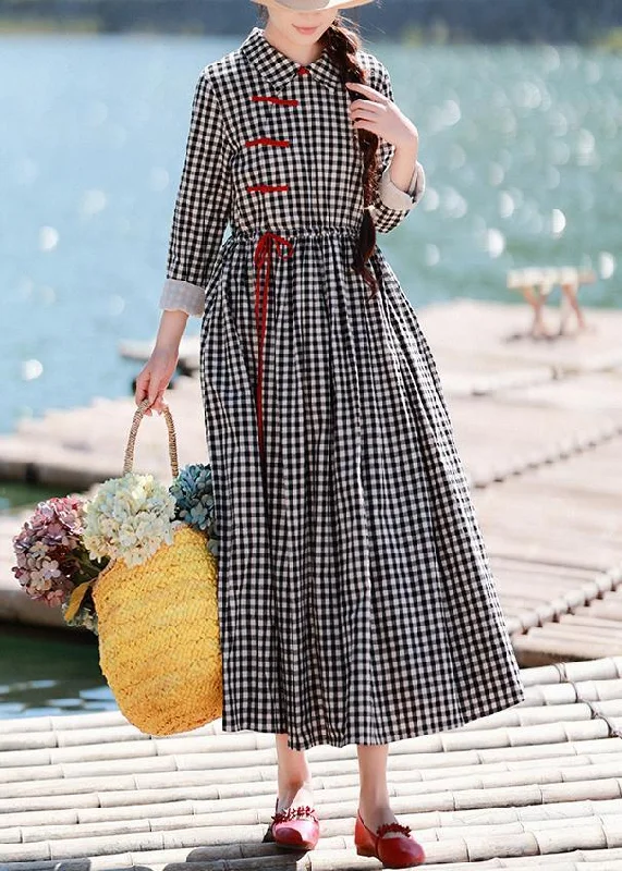 DIY Lapel Drawstring Spring Clothes Women Photography Black Plaid Dresses Casual Women's Japanese DIY Lapel Drawstring Spring Clothes Women Photography Black Plaid Dresses Casual Women's Japanese