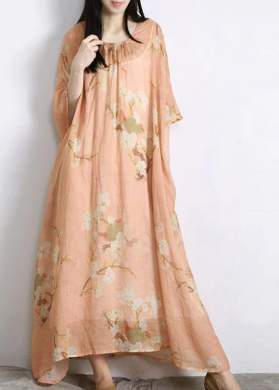 Diy Light Orange Print Linen Batwing Sleeve Summer Maxi Dresses Hip Women's Retro