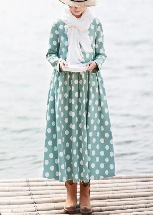 DIY O Neck Cinched Spring Quilting Dresses Pattern Green Dotted Loose Dresses Laid - back Women's Style DIY O Neck Cinched Spring Quilting Dresses Pattern Green Dotted Loose Dresses Laid - back Women's Style