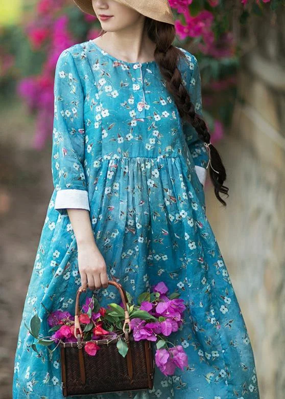 DIY O Neck Patchwork SpringTunic Green Print Loose Dresses Elegant Women's Formal 