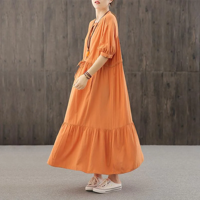 DIY orange dresses v neck wrinkled robes Dresses Trendy Women's 