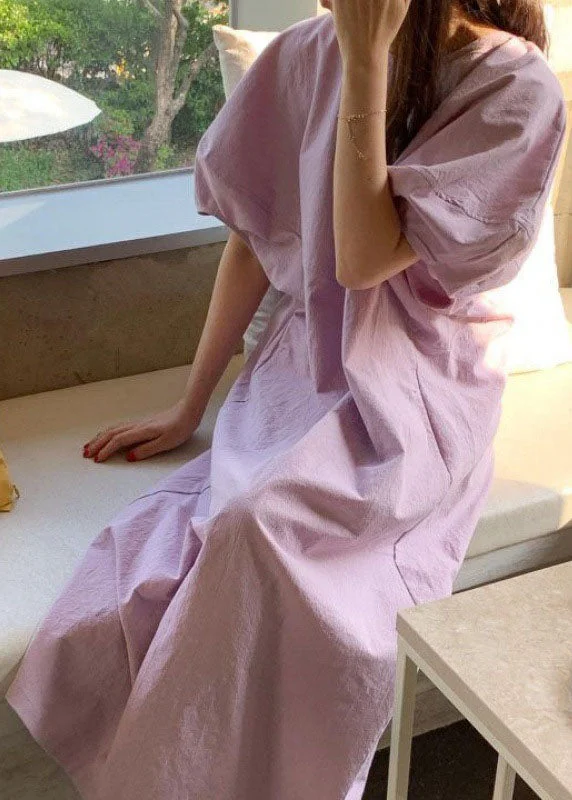 DIY Purple Cotton Casual Maxi Dresses Short Sleeve Compression