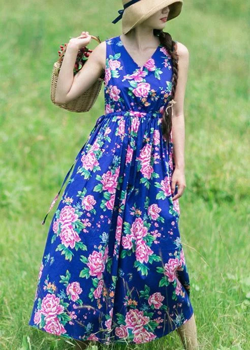 DIY Summer Sleeveless Clothes Work Blue Print Dresses Disco