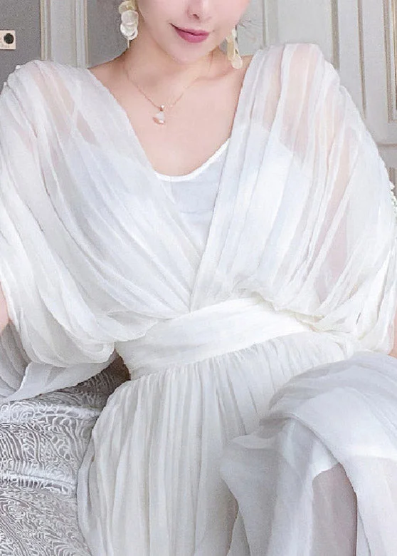 DIY White V Neck Wrinkled Tunic Silk Long Dresses Short Sleeve Athletic Women's 