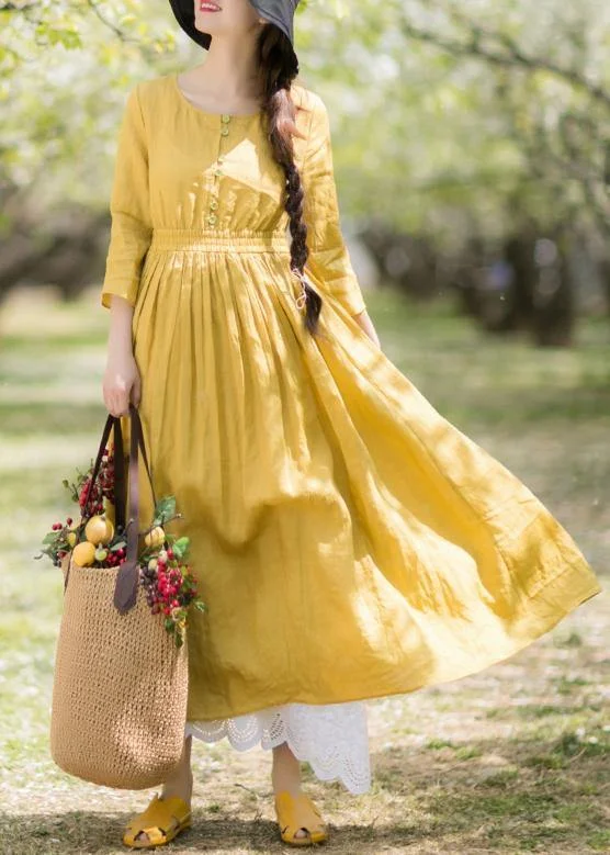 DIY Yellow Outfit O Neck Half Sleeve Loose Spring Dresses French