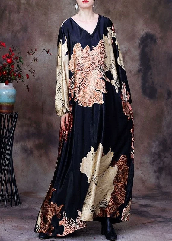 DIY Yellow V Neck Print Patchwork Silk Maxi Dresses Spring Geometric