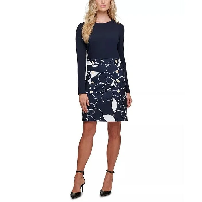 DKNY Women's Printed-Skirt Sheath Dress Dark Blue Size 14