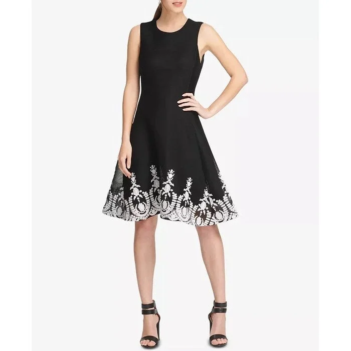 DKNY Women's Sleeveless Embroidered Fit & Flare Dress Black Size 8