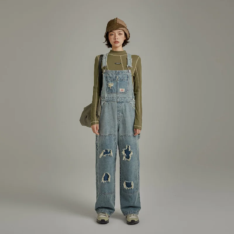 Knee Damaged Denim Overalls Dapper Women's Bow - adorned