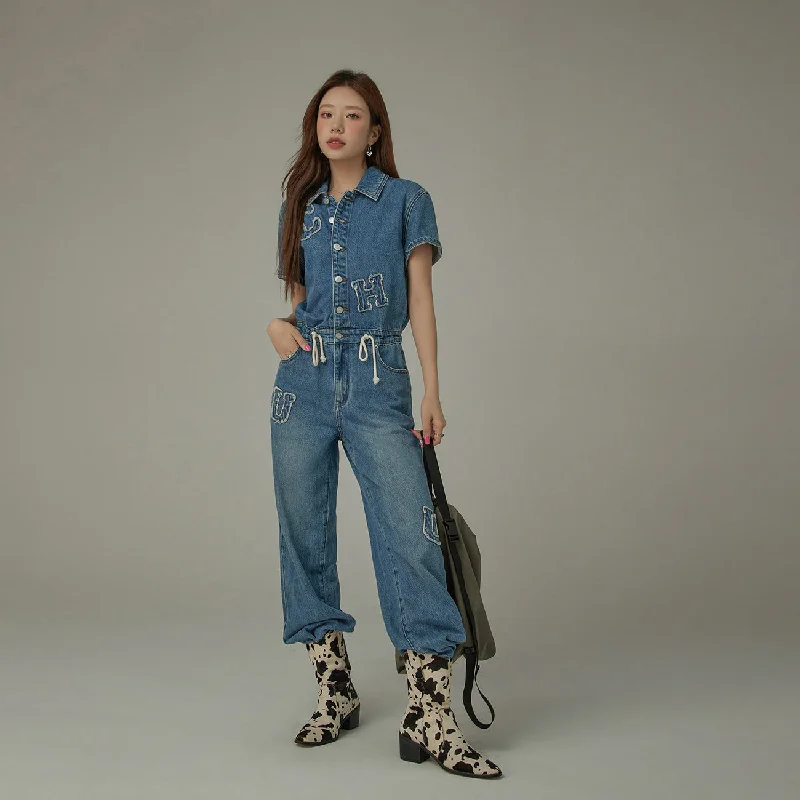 String Embroidered Denim Jumpsuit Elegant Women's Formal 