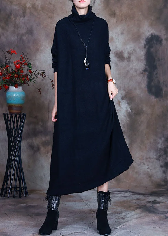 Elegant Black Knit warm Long Dresses Spring Feminine Women's Soft 